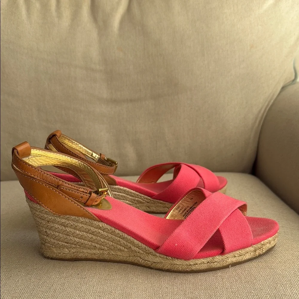 Coach Pink and Brown Wedge‎ Sandals with Ankle Strap